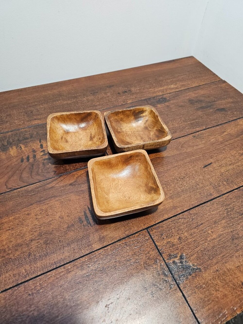 Set of 3 Square Wooden Bowls Handcrafted Rustic Decor